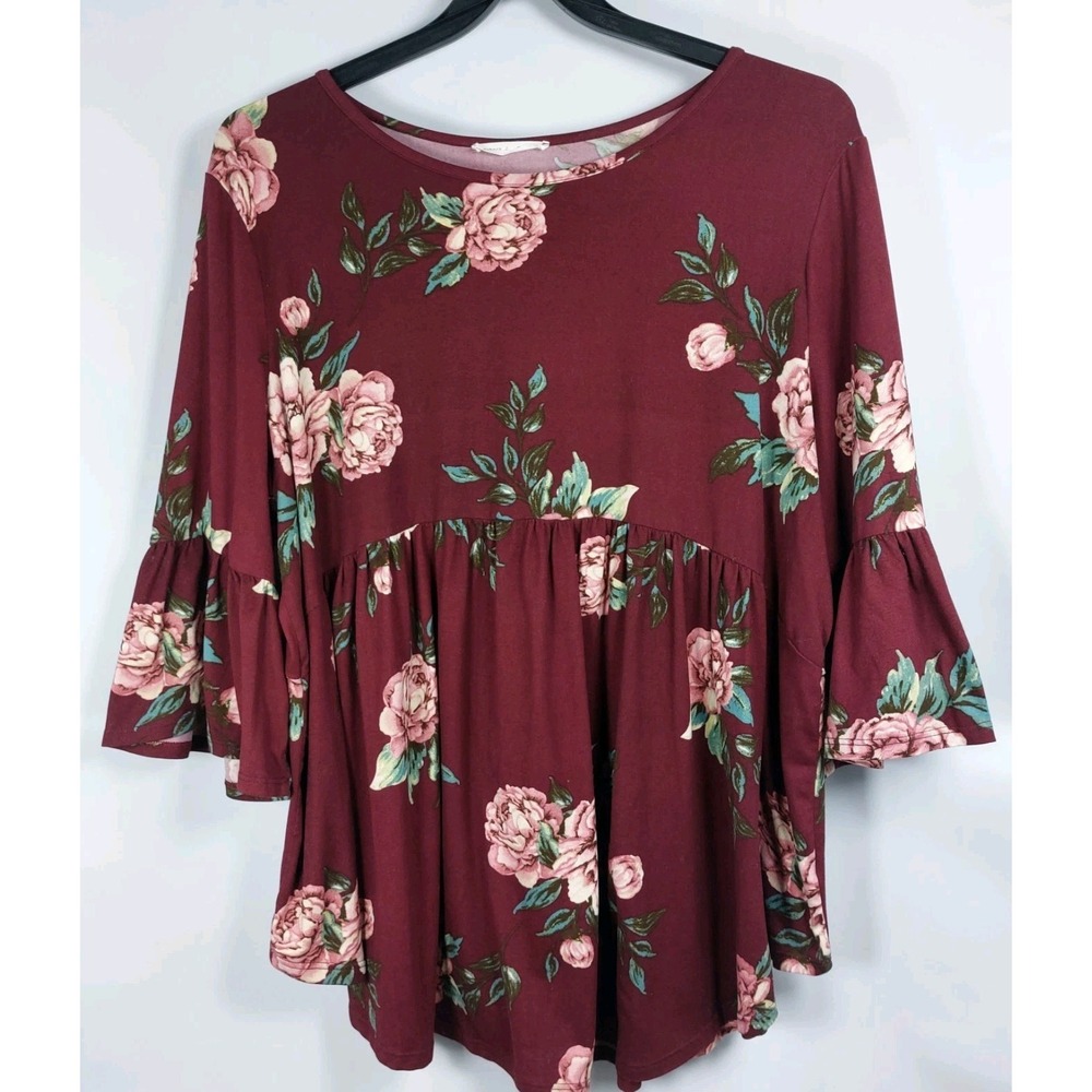 REBORN J Floral Print Empire Ruffle Shirt Womens 2XL 3/4 Sleeve Boutique Blouse